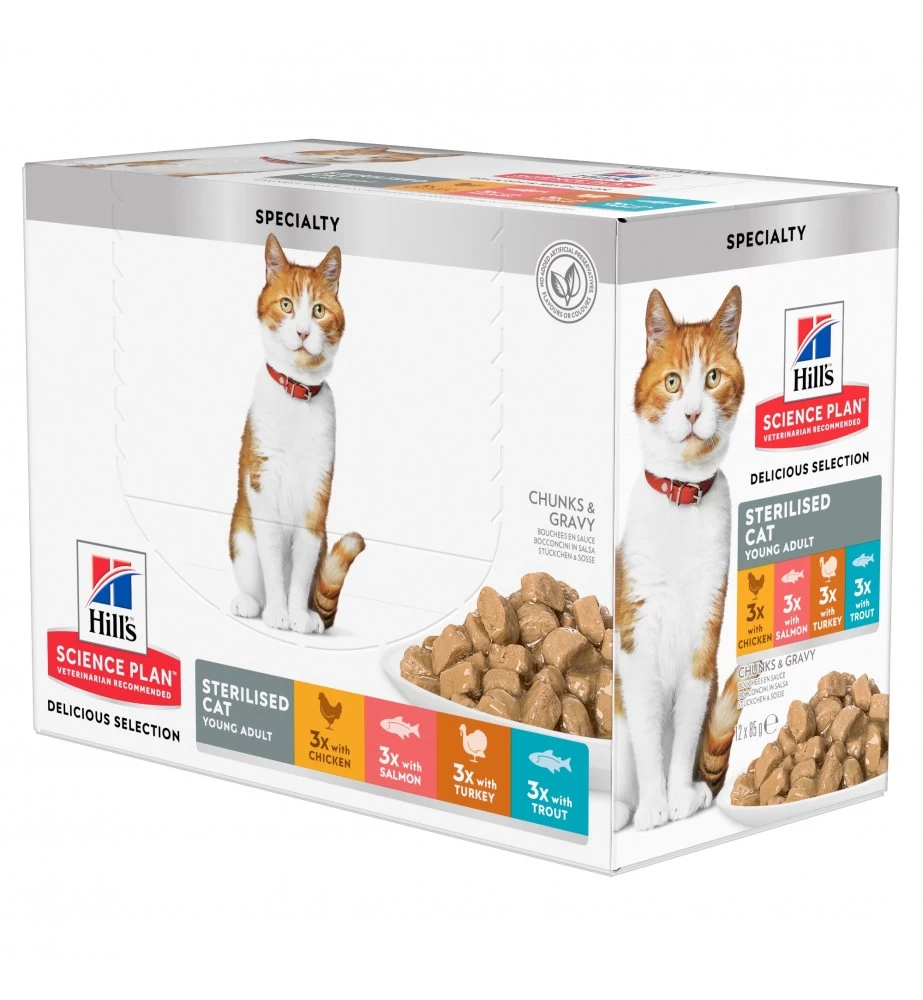 Hill's SP Adult Sterilised Cat Multipack Kip / Zalm / Kalkoen / Forel - 4 X 12 X 85 Gram 3 Hill's SP Adult Sterilised Cat Multipack Kip / Zalm / Kalkoen / Forel - 4 X 12 X 85 Gram
